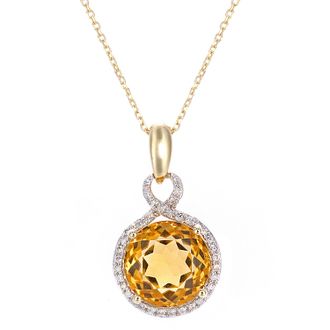 Diamant L'&eacute;ternel Womens 9ct Yellow Gold Diamond and Citrine Round Pendant Necklace - Size P 1/2