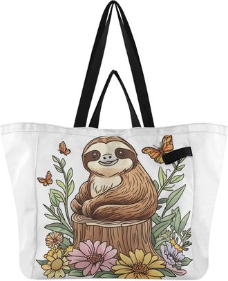 Generic Flowers Sloth White pattern Reusable Canvas Tote Bag, Heavy Duty Grocery Shopping Bag with Double Handles Large Capacity Hard Bottom Work Groceries Tr