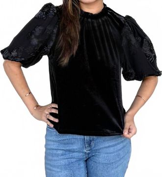 THML Clothing Floral Embroidered Puff Sleeve Velvet Top In Black
