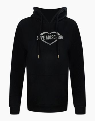 Love Moschino Womens Love Moschino Silver Large Heart Logo Black Hoodie - Size: 18/16