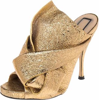 N&deg;21 N21 Glitter Knot Gold Crackled Leather Mule Sandals