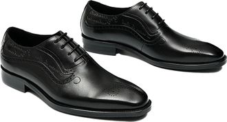 Generic Mens Pointed Toe Brogue Oxfords Lace Up Formal Business Shoes Low Block Heel Wingtip Dress Shoes,Black,4.5 UK