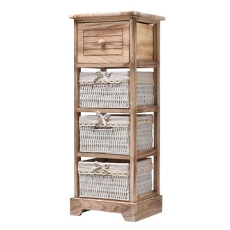 Mobili Rebecca Cajonera de 4 cajones estrecha en madera blanca y marr&oacute;n y mimbre