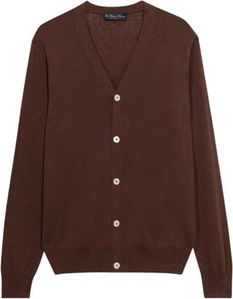 Brooks Brothers V-hals Katoen-Linnen Cardigan - Heren - Vesten - Bruin - S - Katoen - Truien & Vesten