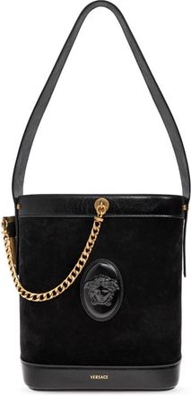 Versace Pivot Small Suede Bucket Bag - Dames - Schoudertassen - Zwart - ONE Size - Wol - Tassen