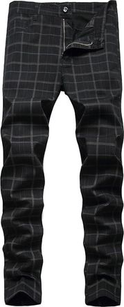 Feoya Mens Business Tartan Tweed Trousers Slim Fit Plaid Chino Pants Stretchy Dress Pants A-Black 32