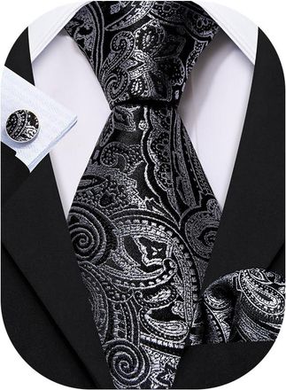 Barry.Wang Black Grey Tie Mens Silk Paisley Necktie Pocket Square Cufflinks Set Wedding Party