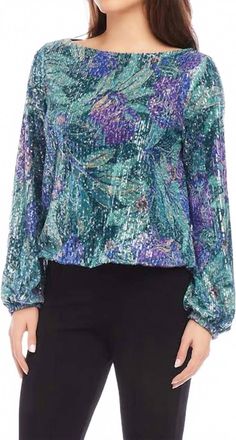 Karen Kane Prue Print Sequin Boatneck Top In Blue/green Multi
