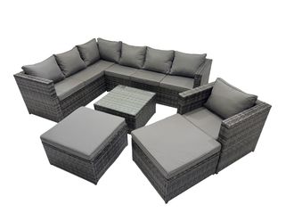 Fimous Patio Furniture Sets with Corner Sofa Chair 2 Big Footstools in Dark Grey