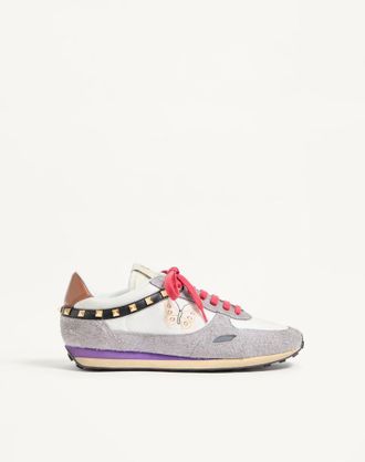 Valentino Garavani Stud Up Trainer In Split Leather And Nylon With Butterfly Embroidery