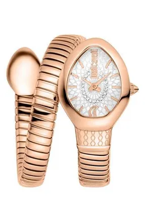 Just Cavalli Snake Wraparound Bracelet Watch, 20mm x 34.5mm in Rose Gold at Nordstrom Rack