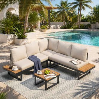 Merax 4 Piece Garden Lounge Set with Reclining Seating & Coffee Table in Beige