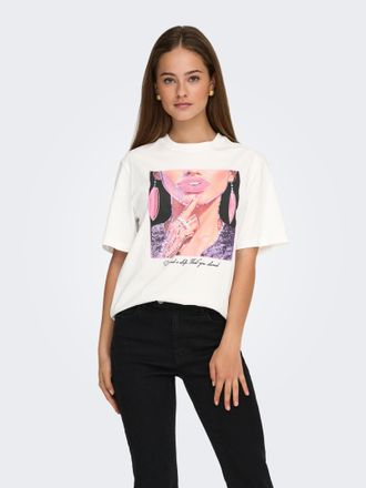 Only Kurzarmshirt ONLY ONLSIFF S/S TOP BOX JRS, Damen, Gr. XL, cloud dancer print:siff lips, Jersey, Obermaterial: 100% Baumwolle, bedruckt, regular fit, R