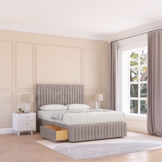 Sloomy Madison Plush Bed Set, 2 Drawers, Mattress & 54 Headboard in Stone | Size: Small Double