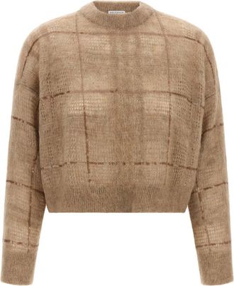 Brunello Cucinelli Beige Checks Crew Neck Sweater