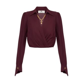 Elisabetta Franchi Blouses, female, Brown, XS, Padded Shoulders Shirt with Gold Accessory