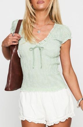 Princess Polly Coast to Coast Smocked Gingham Top in Sage Check at Nordstrom, Size 8