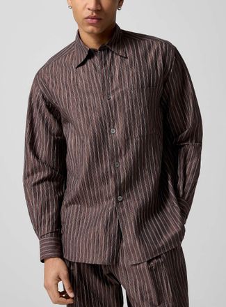 &Eacute;cole de Pens&eacute;e Mens Wrinkled texture striped brown shirt