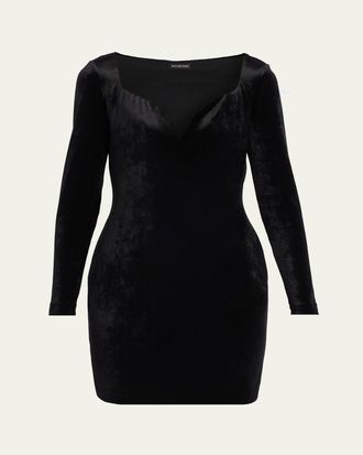 Balenciaga Sweetheart-Neck Long-Sleeve Stretch Velvet Mini Dress