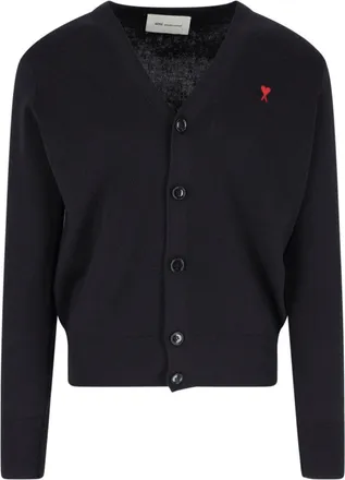 Ami V-Neck Black Wool Cardigan With Contrast Logo