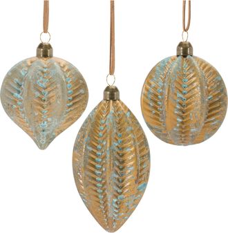 Melrose International Distressed Ribbed Glass Ornament (Set of 12) - Blue, Brown