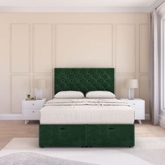 Sloomy Mayfair Plush Fabric Ottoman Bed End Opening With Sprung Memory Mattress & 54 Inch Floorstanding Headboard in Emerald | Size: Single