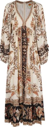 Farm Rio Beige Majestic Garden Sand V-Neck Viscose Maxi Dress