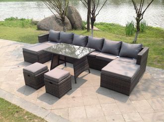 Fimous Lounge Rattan Garden Furniture Sets Dining Table Big Footstools & Small Stools in Dark Grey