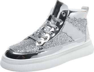 Generic Mens High Top Glitter Trainers for Streetwear Fashion, Shiny Metallic Lace-Up Sneakers with Chunky Sole, PU Upper, Cushioned Insole, Eye-Catching Desi