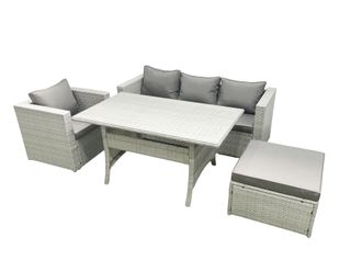 Fimous Garden Dining Set Outdoor Rattan Furniture Set with Sofa Dining Table Big Footstool Light Grey Mixed