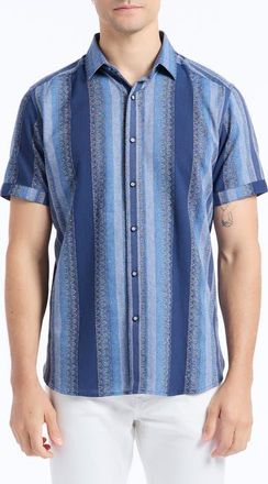Robert Graham Pembroke Stripe Cotton Short Sleeve Button-Up Shirt in Indigo at Nordstrom, Size Xxx-Large