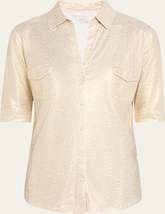 Majestic Filatures Button-Down Metallic Stretch Linen Shirt