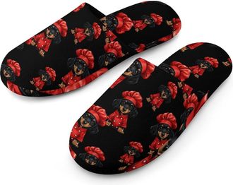 Generic Puppy Chef Flannel Mens Slip-on Slippers Winter Warm House Shoes with Rubber Sole for Home Hotel