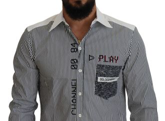 Dolce & Gabbana Mens Gray White Striped Slim Fit Shirt Cotton