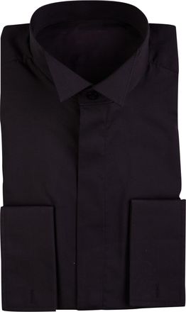 Generic Tailored Fit Mens Black Wing Collar Dress Shirt Double Cuff Covered Buttons Cotton for Work Wedding Funeral (UK, Neck, 14.5, Regular, Regular, Black)