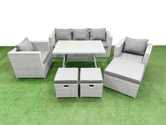 Fimous 8 Pieces Outdoor PE Rattan Sofa Armchair Set with 3 Stools Light Grey