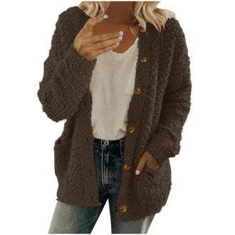 Generic Mrat Teddy Fleece Jacket Women Uk Fluffy Winter Warm Coats Sherpa Long Sleeve Loose Fit Cardigan Ladies Fuzzy Solid Pullover Tops Button Down Oversize