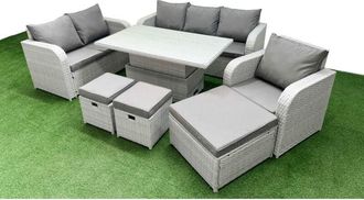 Fimous Patio pe Wicker 9 Seater Outdoor Rattan Furniture Sofa Sets with Adjustable Lifting Dining or Coffee Table Reclining Chair Loveseat Sofa 3 Seater