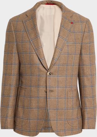 Isaia Mens Wool and Silk Windowpane Single-Breasted Sport Coat