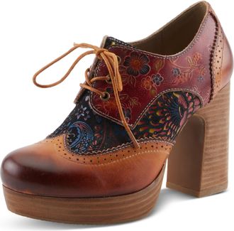 L'Artiste by Spring Step Tothemax Platform Oxfords | Baroque-Inspired Leather Lace-Ups with Floral Embossing, Camel Multi, 7.5-8
