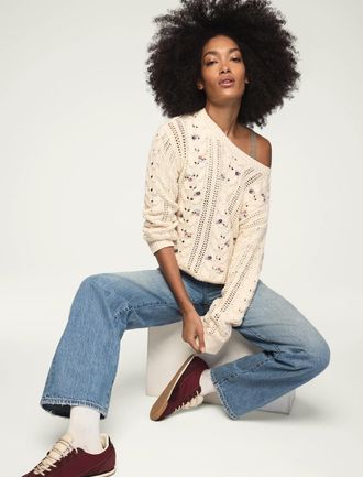 Lucky Brand Womens Floral Embroidered Crew Neck Sweater