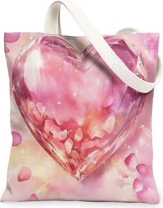 Generic Romantic Heart Canvas Tote Bags, Elegant Floral Design Reusable Grocery Bags, Lightweight Washable Shoulder Strap Canvas for Shopping Travel Beach Pic