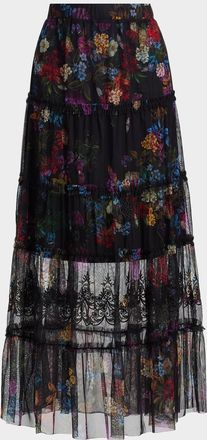 Johnny Was Mazzy Tiered Floral-Print Maxi Skirt