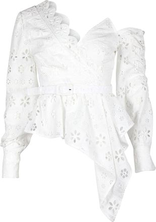 Self Portrait Asymmetric Eyelet Top in White Cotton