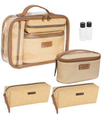 Joan & David Collection Womens Straw Texture 4 Piece Clear Cosmetic Bag Set In Natural