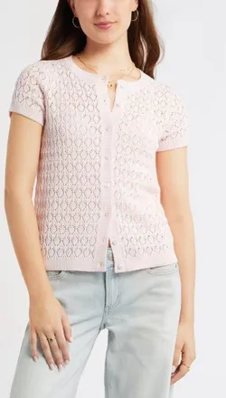 BP. Pointelle Short Sleeve Cardigan in Pink Primrose at Nordstrom, Size Xx-Small