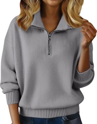 Generic Grey V Neck School Jumper Jumpers for Women UK Cosy Half Zip Polo V Neck Cozy Knit Sweaters Wool Cashmere Sweatshirt Thermal Warm Tunic Ladies Fleece 