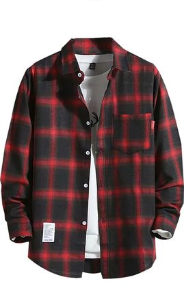 Generic Flannel Checked Plaid Shirt for Men - Cotton Lumberjack Regular Fit Long Sleeve M-4XL Red