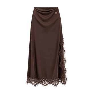 Yes-Zee Midi rok met kanten inzetstukken - Dames - Midirokken - Bruin - XS - Polyester - Rokken
