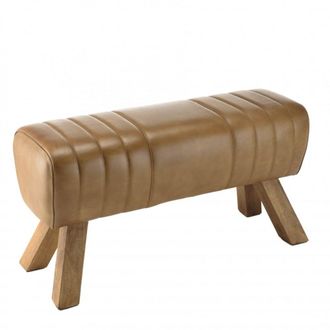 Macabane Banco de cuero marr&oacute;n acolchado con patas de madera de mango